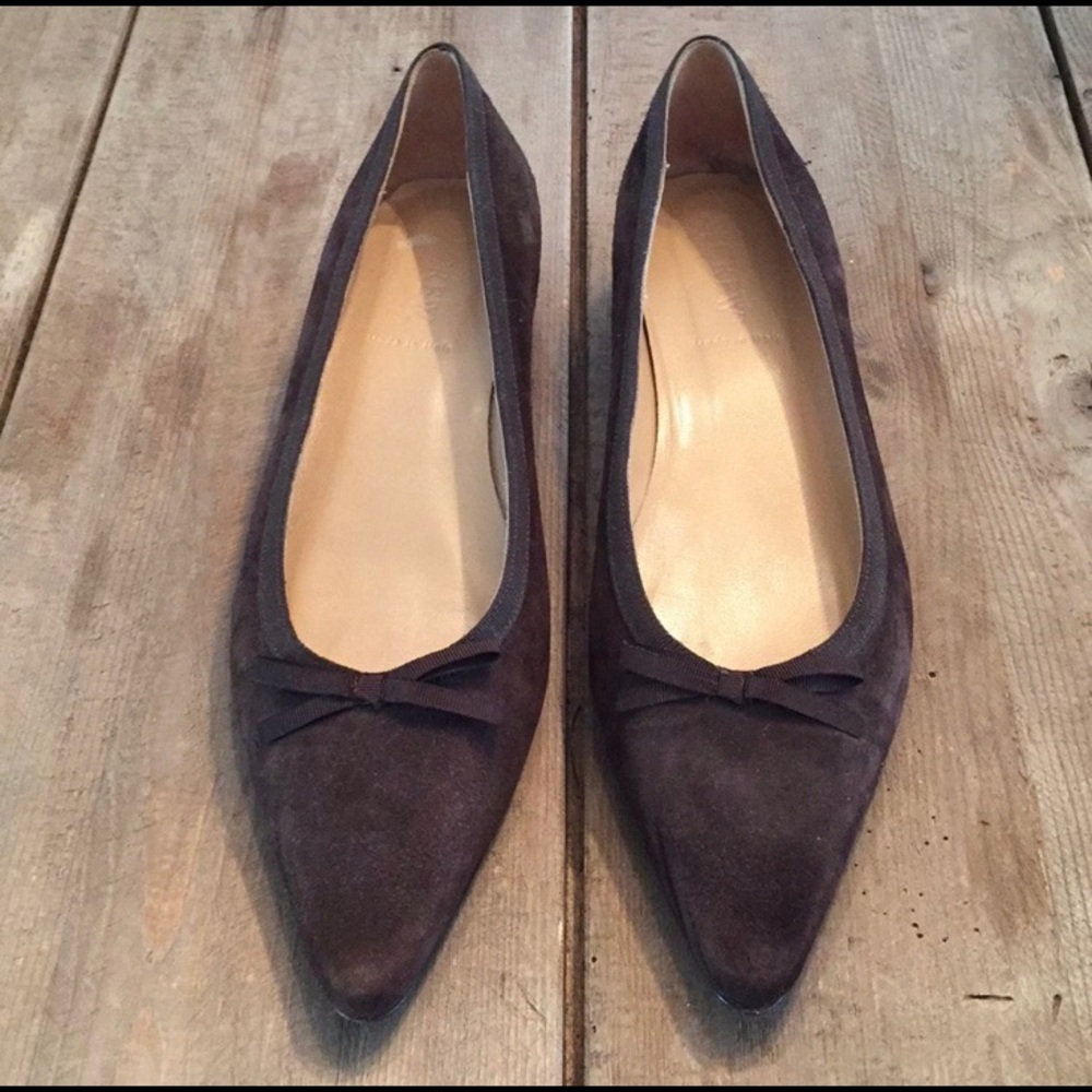 J Crew dark brown suede pointy flats with heel